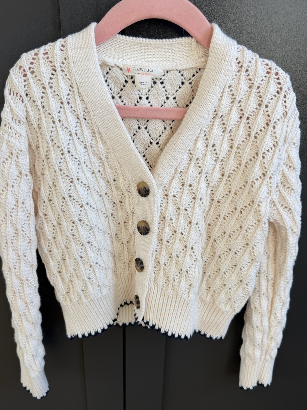 J. Crew Crewcuts Cream Pointelle Knit Button-Front Sweater Cardigan Navy Trim XS